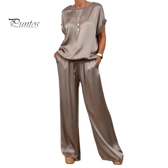 2-teiliges Set mit Oberteil und Hose aus Satin für Damen, Rundhalsausschnitt, Halbarm, Bluse, weites Bein, Hose mit elastischer Taille und Taschen, lockeres Outfit für die tägliche Freizeit 3XL dunkelgraue von Joom DACH