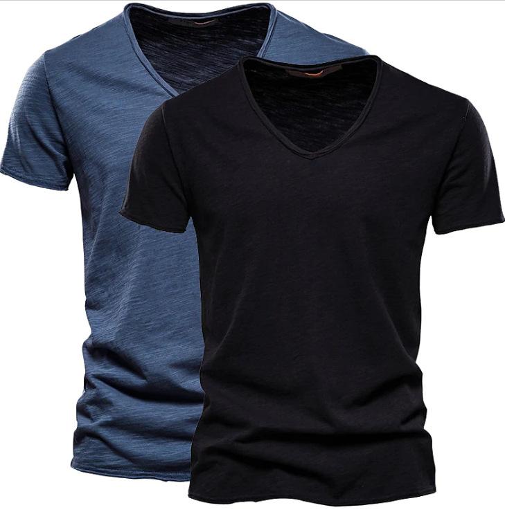2-teiliges Sommer Herren Uni Slub Baumwolle V-Ausschnitt Kurzarm T-Shirt Reine Baumwolle Herrenbekleidung Vintage Freizeitbekleidung Minimalistische Mode Atmungsaktives Hemd XXXL von Joom DACH