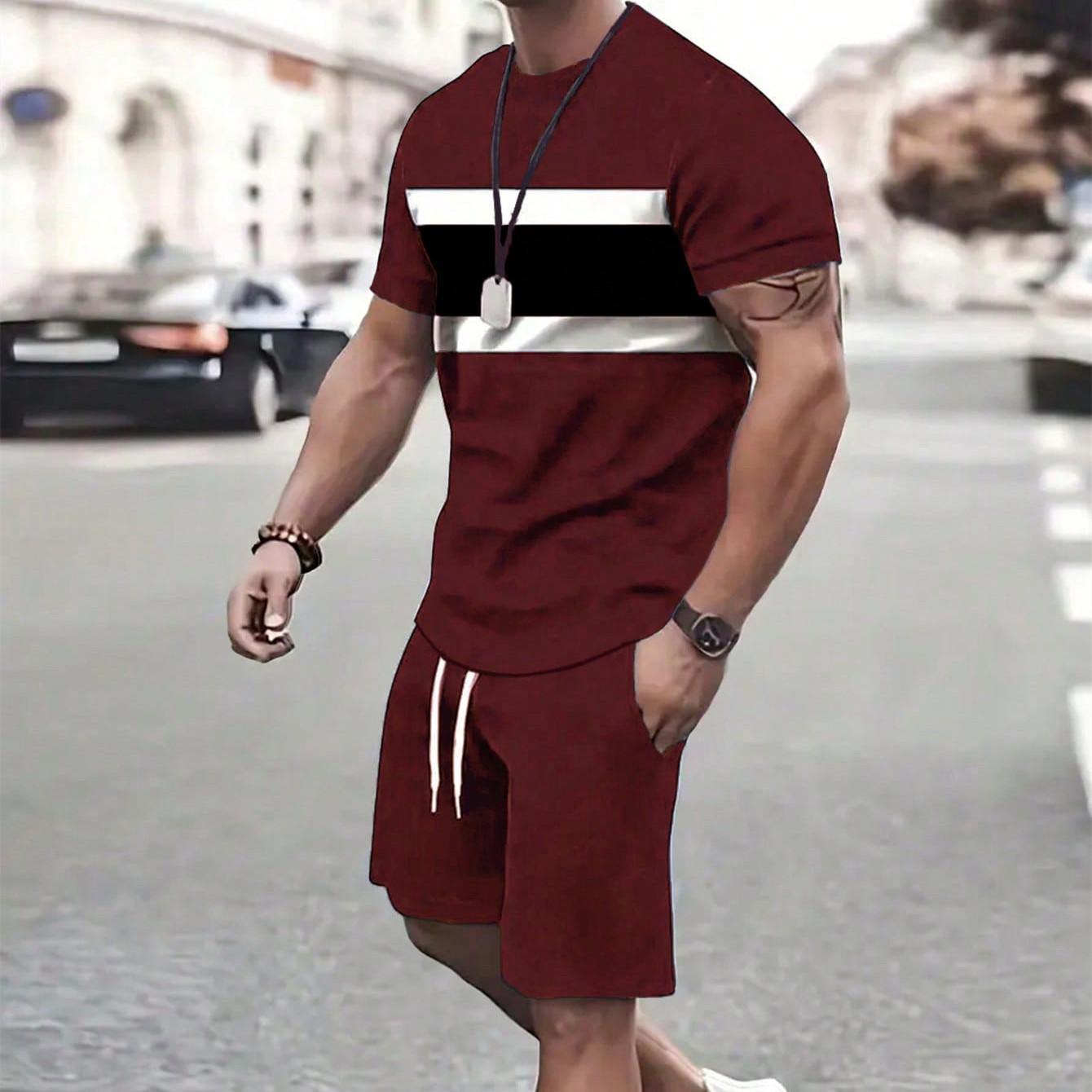 2-teiliges Sommer-Outfit-Set für Herren mit Farbverlauf, kurzärmliges T-Shirt mit Rundhalsausschnitt und Shorts mit elastischer Taille und Taschen, Kombiteil 3XL von Joom DACH