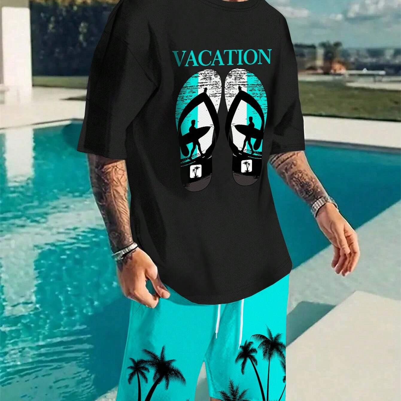 2-teiliges Sommer-Outfit-Set für Herren mit Farbverlauf, kurzärmliges T-Shirt mit Rundhalsausschnitt und Shorts mit elastischer Taille und Taschen, Kombiteil 4XL von Joom DACH