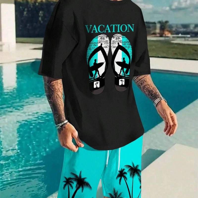 2-teiliges Sommer-Outfit-Set für Herren mit Farbverlauf, kurzärmliges T-Shirt mit Rundhalsausschnitt und Shorts mit elastischer Taille und Taschen, Kombiteil 4XL von Joom DACH