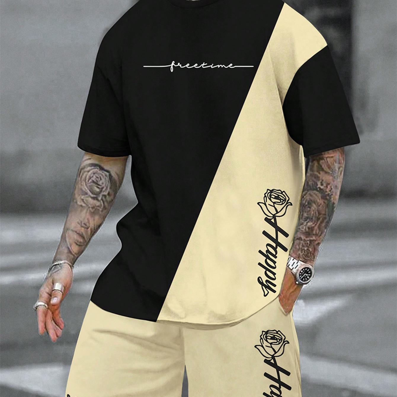 2-teiliges Sommer-Outfit-Set für Herren mit Farbverlauf, kurzärmliges T-Shirt mit Rundhalsausschnitt und Shorts mit elastischer Taille und Taschen, Kombiteil 6XL von Joom DACH