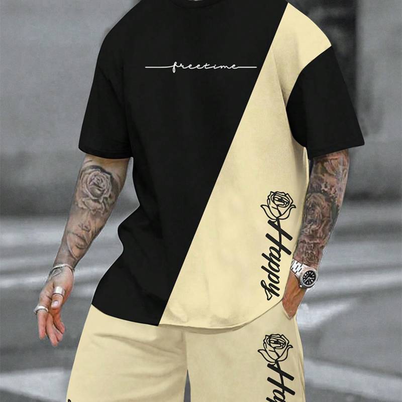 2-teiliges Sommer-Outfit-Set für Herren mit Farbverlauf, kurzärmliges T-Shirt mit Rundhalsausschnitt und Shorts mit elastischer Taille und Taschen, Kombiteil 6XL von Joom DACH