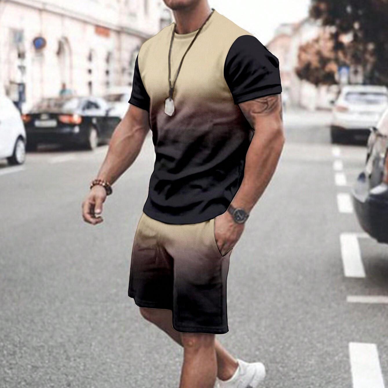 2-teiliges Sommer-Outfit-Set für Herren mit Farbverlauf, kurzärmliges T-Shirt mit Rundhalsausschnitt und Shorts mit elastischer Taille und Taschen, Kombiteil 6XL von Joom DACH