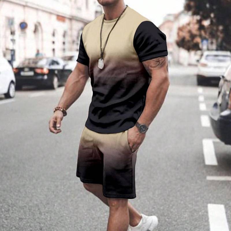2-teiliges Sommer-Outfit-Set für Herren mit Farbverlauf, kurzärmliges T-Shirt mit Rundhalsausschnitt und Shorts mit elastischer Taille und Taschen, Kombiteil 6XL von Joom DACH