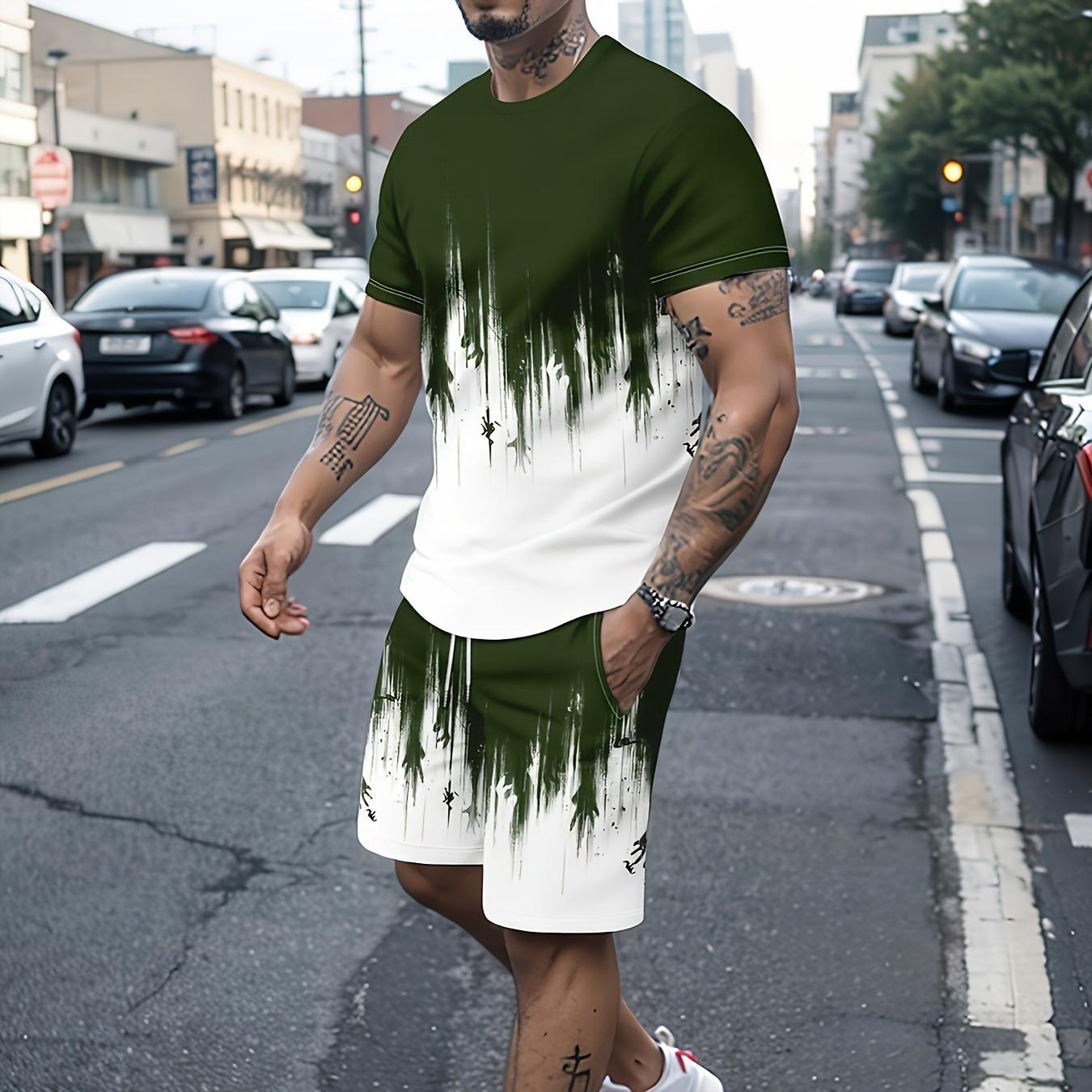 2-teiliges Sommer-Outfit-Set für Herren mit Farbverlauf, kurzärmliges T-Shirt mit Rundhalsausschnitt und Shorts mit elastischer Taille und Taschen, Kombiteil XL von Joom DACH