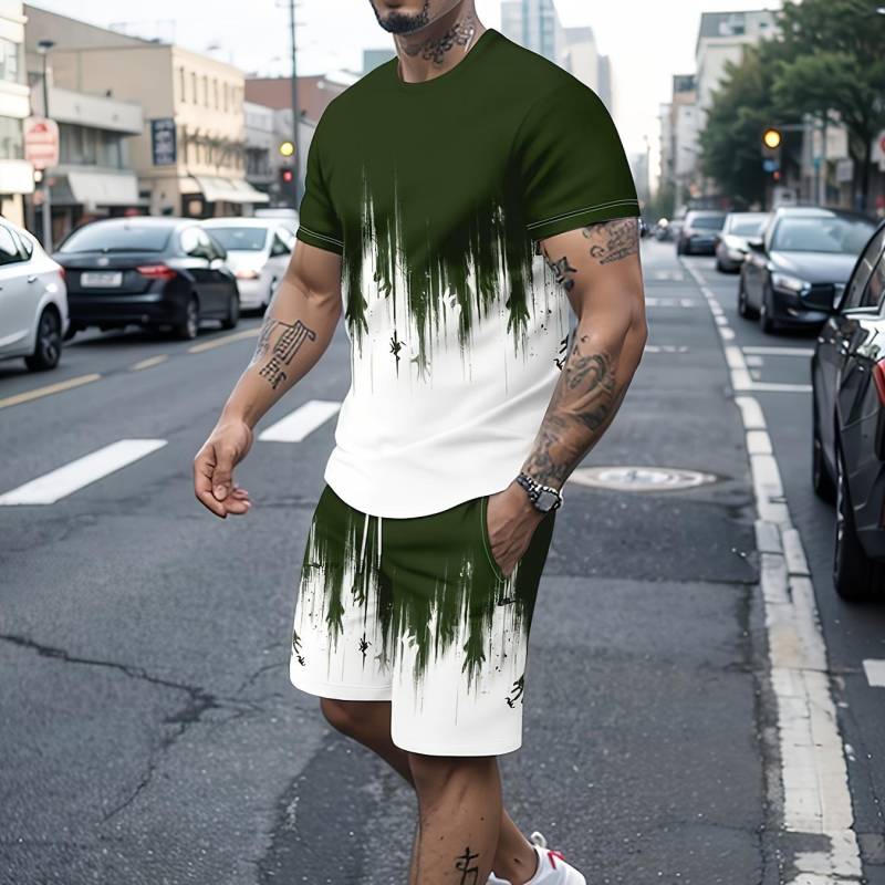 2-teiliges Sommer-Outfit-Set für Herren mit Farbverlauf, kurzärmliges T-Shirt mit Rundhalsausschnitt und Shorts mit elastischer Taille und Taschen, Kombiteil XL von Joom DACH