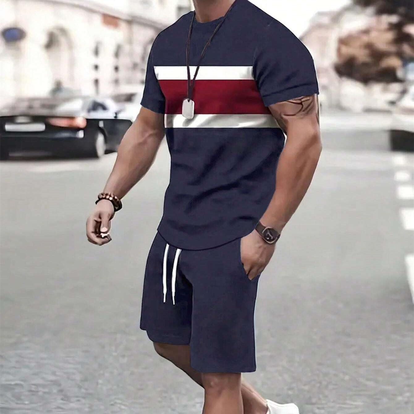 2-teiliges Sommer-Outfit-Set für Herren mit Farbverlauf, kurzärmliges T-Shirt mit Rundhalsausschnitt und Shorts mit elastischer Taille und Taschen, Kombiteil XL von Joom DACH