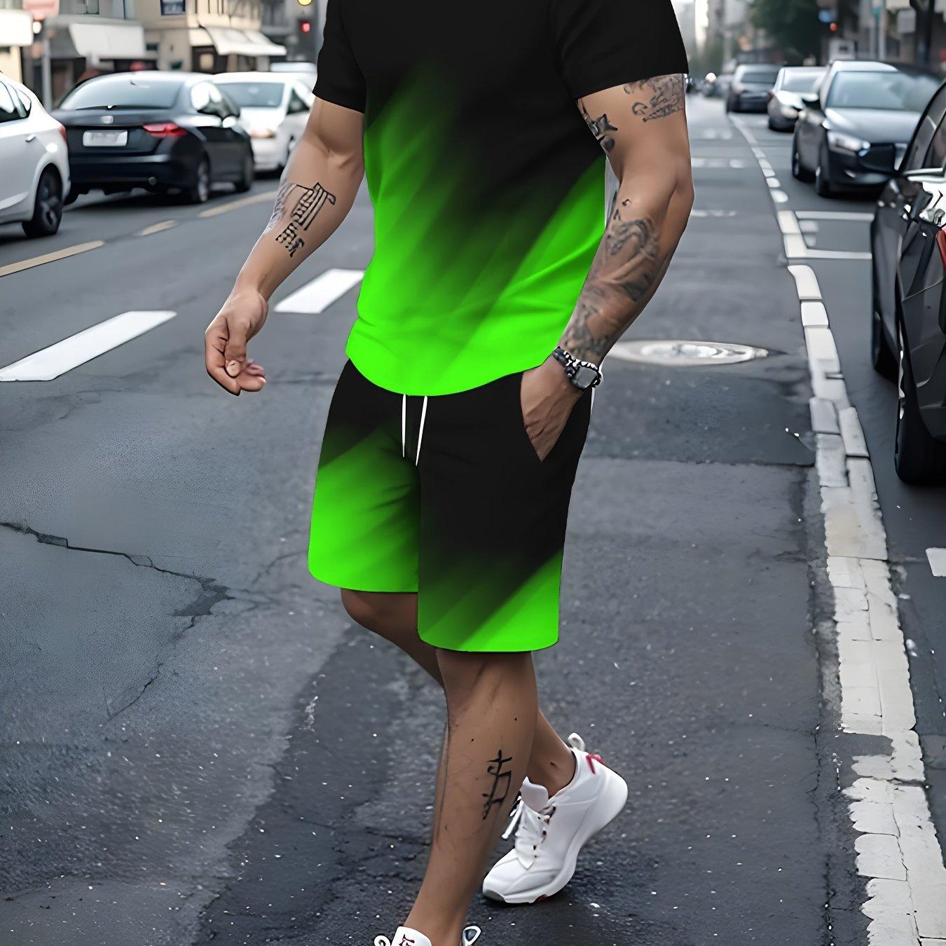 2-teiliges Sommer-Outfit-Set für Herren mit Farbverlauf, kurzärmliges T-Shirt mit Rundhalsausschnitt und Shorts mit elastischer Taille und Taschen, Kombiteil XXL von Joom DACH