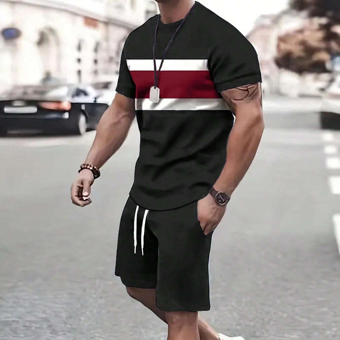 2-teiliges Sommer-Outfit-Set für Herren mit Farbverlauf, kurzärmliges T-Shirt mit Rundhalsausschnitt und Shorts mit elastischer Taille und Taschen, Kombiteil XXL von Joom DACH