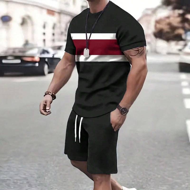 2-teiliges Sommer-Outfit-Set für Herren mit Farbverlauf, kurzärmliges T-Shirt mit Rundhalsausschnitt und Shorts mit elastischer Taille und Taschen, Kombiteil XXL von Joom DACH