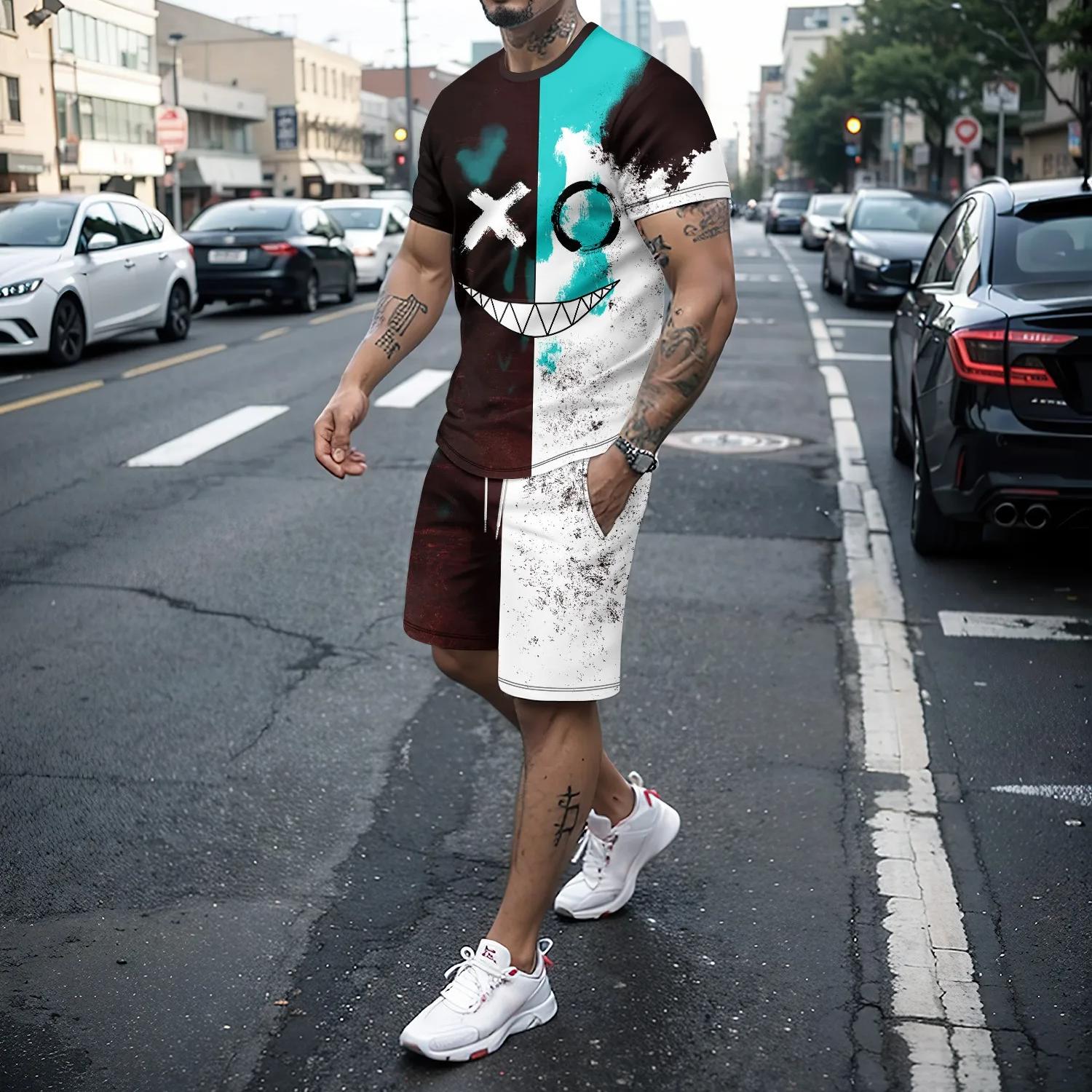2-teiliges Sommer-Urlaubs-Outfit-Set für Herren mit Ankermuster, kurzärmliges T-Shirt mit Farbblock-Design für Herren und lässiges Shorts-Set mit Taschen M von Joom DACH