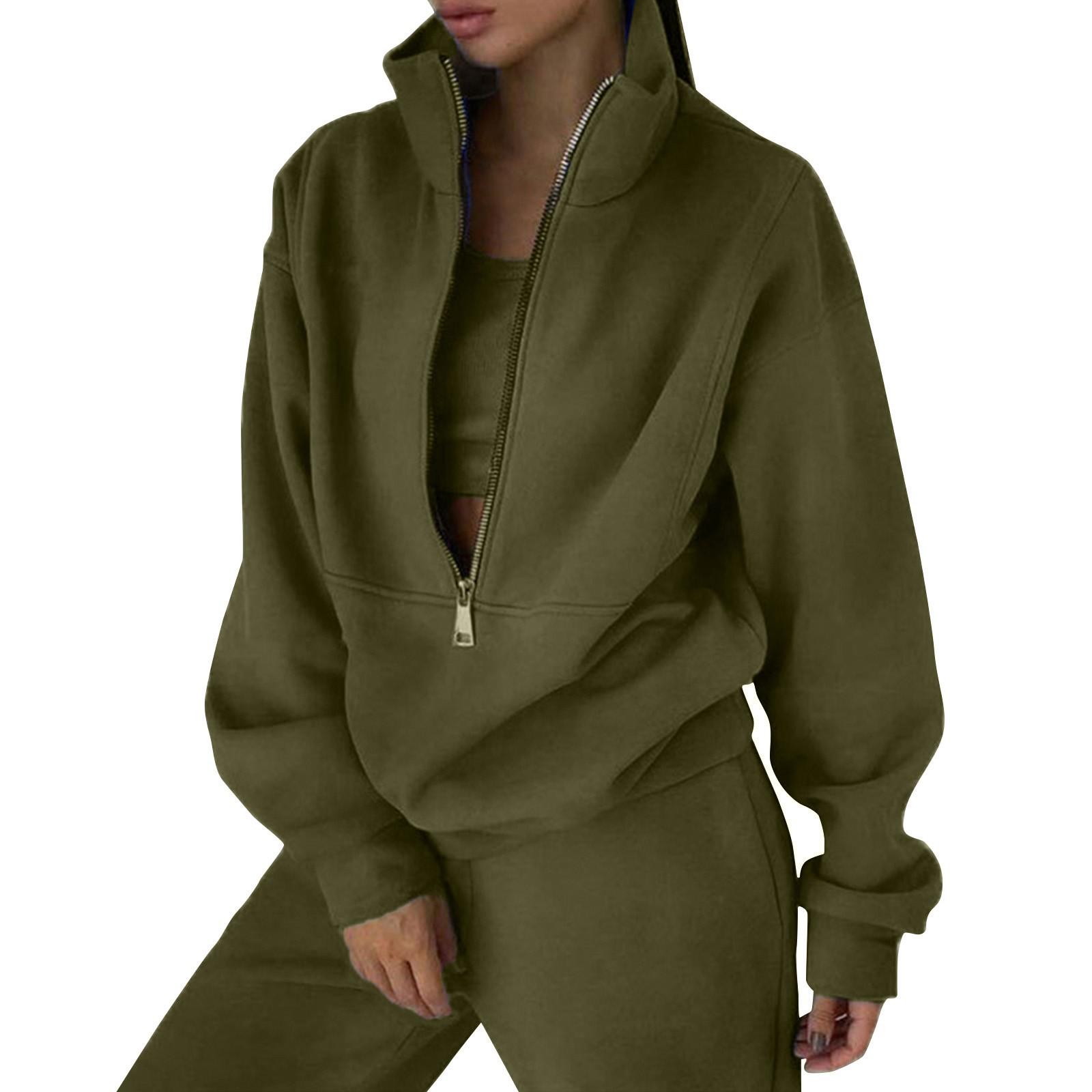 2-teiliges Trainingsanzug-Set für Damen, mit halbem Reißverschluss, langen Ärmeln, übergroßem Sweatshirt und Bleistifthose, Jogginghose mit weitem Bein L armee grüne von Joom DACH