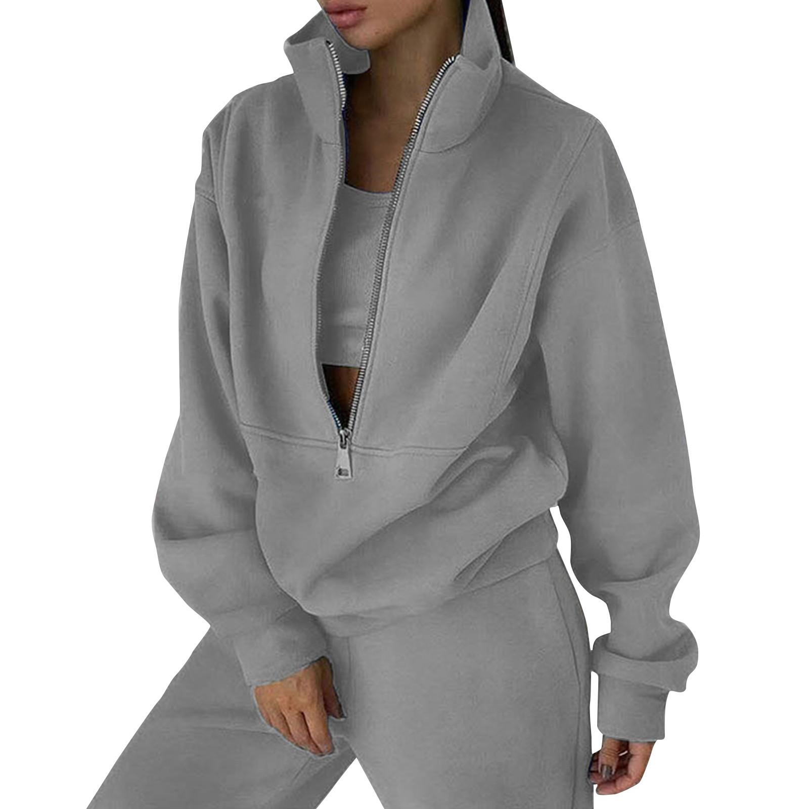 2-teiliges Trainingsanzug-Set für Damen, mit halbem Reißverschluss, langen Ärmeln, übergroßem Sweatshirt und Bleistifthose, Jogginghose mit weitem Bein M hellgrau von Joom DACH