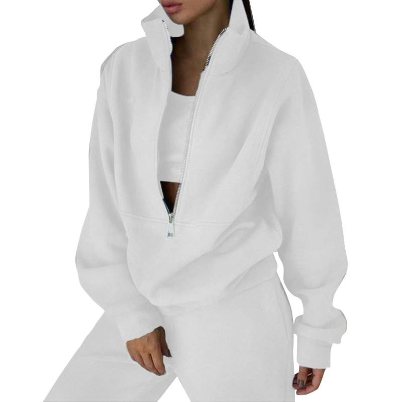 2-teiliges Trainingsanzug-Set für Damen, mit halbem Reißverschluss, langen Ärmeln, übergroßem Sweatshirt und Bleistifthose, Jogginghose mit weitem Bein XL weiß von Joom DACH