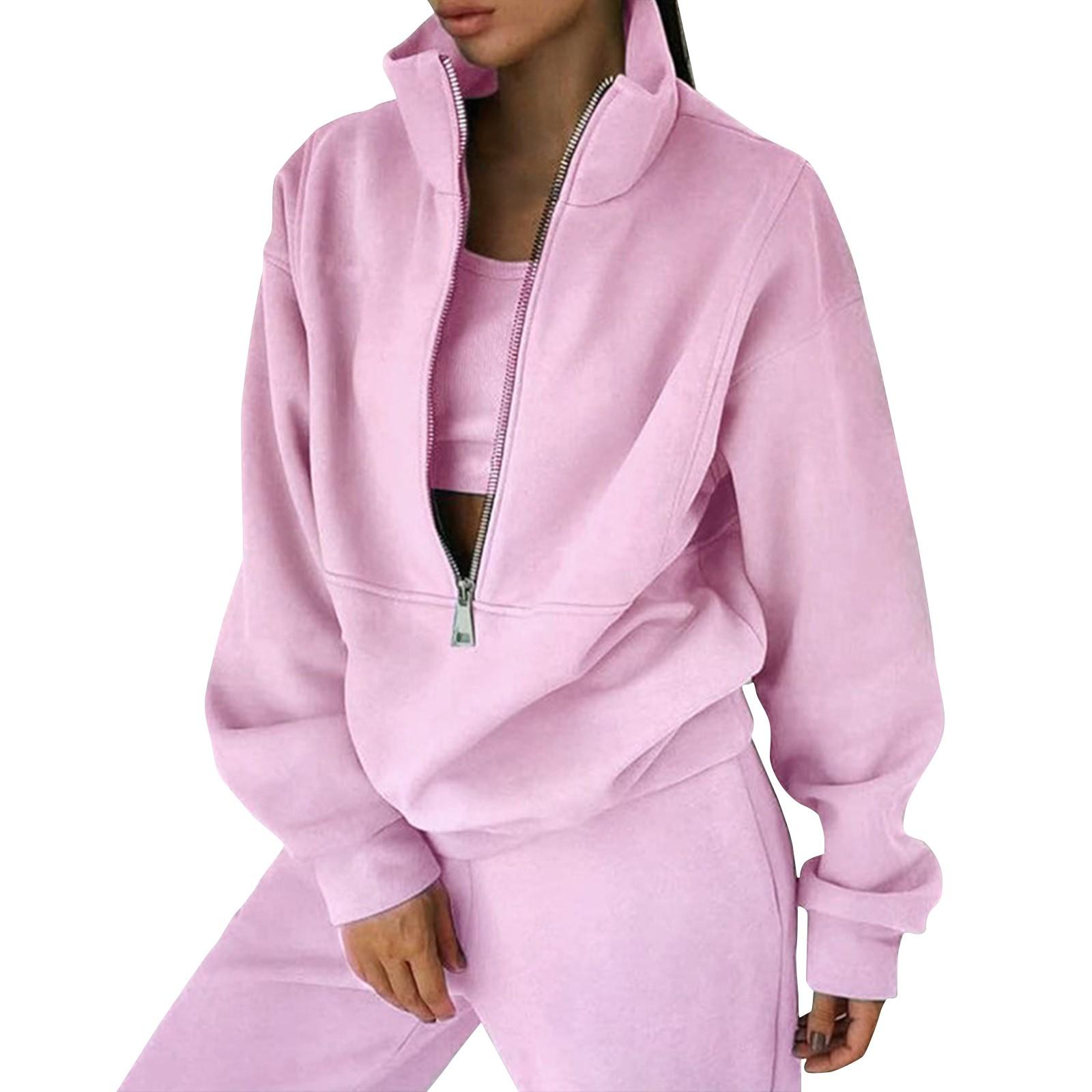2-teiliges Trainingsanzug-Set für Damen, mit halbem Reißverschluss, langen Ärmeln, übergroßem Sweatshirt und Bleistifthose, Jogginghose mit weitem Bein XL rosa von Joom DACH
