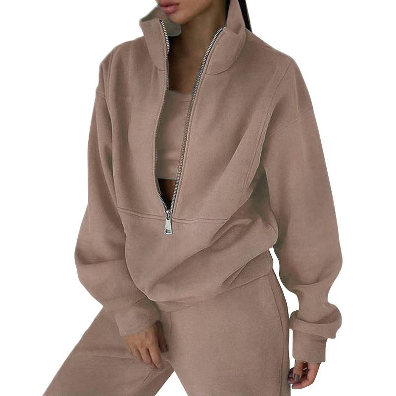 2-teiliges Trainingsanzug-Set für Damen, mit halbem Reißverschluss, langen Ärmeln, übergroßem Sweatshirt und Bleistifthose, Jogginghose mit weitem Bein XL khaki von Joom DACH