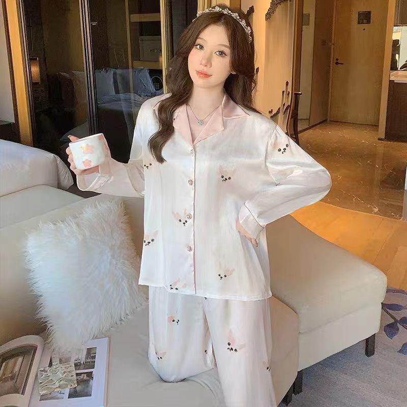 2-teiliges Umstandspyjama-Set aus Eisseide, bequeme Langarmhose aus Seide, Loungewear aus Jacquard-Seide mit Fischgrätenmuster M von Joom DACH