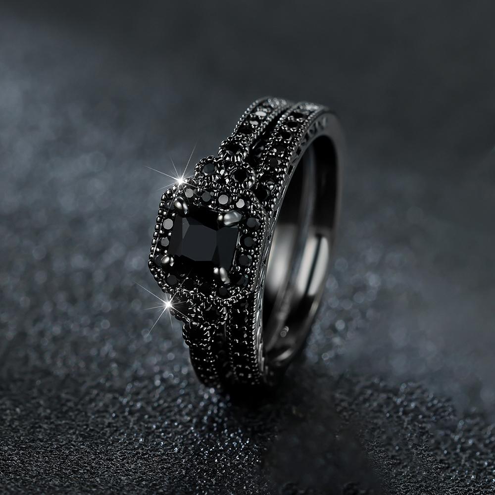 2-teiliges Versprechensring-Set im Gothic-Stil mit eingelegtem schwarzem Zirkonia, Verlobungs- und Ehering-Set für coole Mädchen, verschiedene Größen zur Auswahl von Party-Accessoires 8 schwarz von Joom DACH