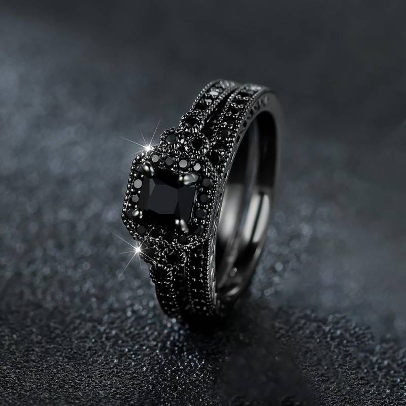 2-teiliges Versprechensring-Set im Gothic-Stil mit eingelegtem schwarzem Zirkonia, Verlobungs- und Ehering-Set für coole Mädchen, verschiedene Größen zur Auswahl von Party-Accessoires 8 schwarz von Joom DACH