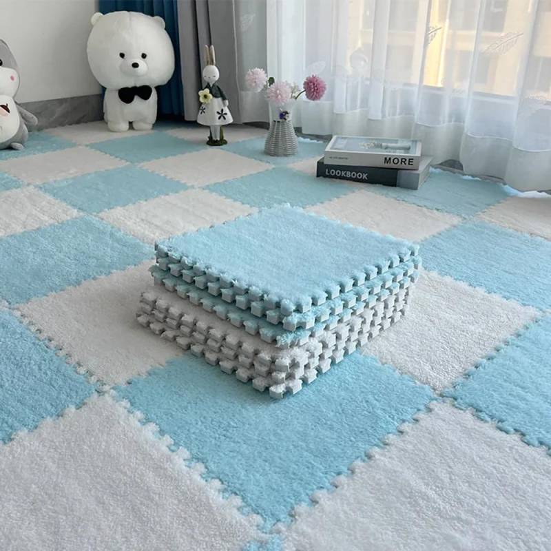 20 Stück Weicher Plüsch Kinderteppich Baby Spielmatte Kinderteppiche Spielzeug EVA Schaum Kindermatte Puzzle Ineinandergreifende Bodenmatten 30*30 CM 20pcs weiß/hellblaue von Joom DACH