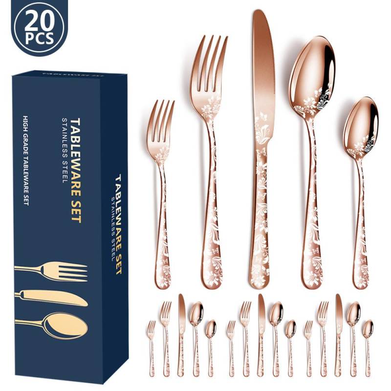 20-teiliges Besteck-Set aus Edelstahl, hochglanzpoliert, Besteck-Set, 4 Messer, 4 Gabeln, 4 Löffel rose gold von Joom DACH