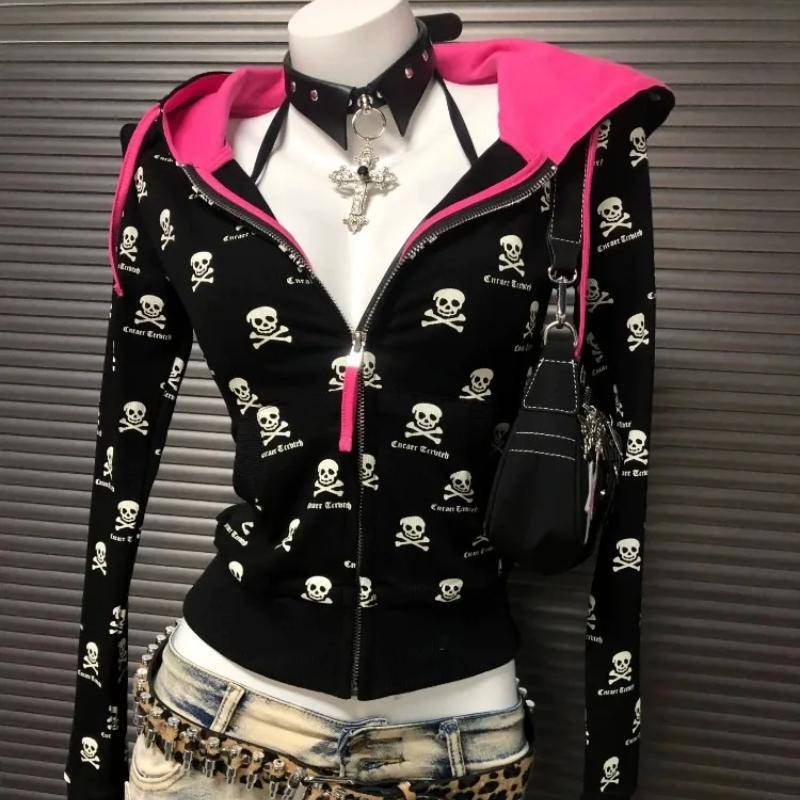 2000er Y2k Gothic Punk Skelett-Print Strickjacke Kontrast Kapuzen-Sweatshirt Jacke Damen Frühling Herbst 2025 Neu Slim Fit Schwarze Oberteile S schwarz von Joom DACH