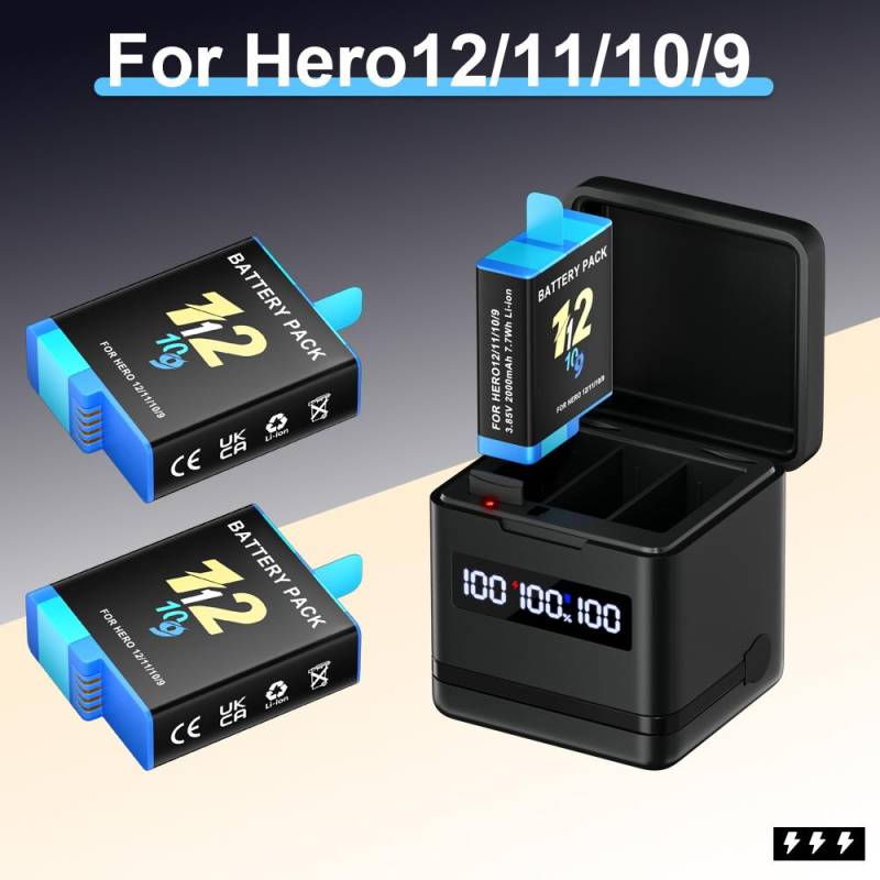 2000mAh Akku für Gopro Hero 9 10 11 12 Kamera-Akku mit LCD 3-Slots Schnellladegerät Box für GoPro Hero12 11 Sportkameras 1battery von Joom DACH