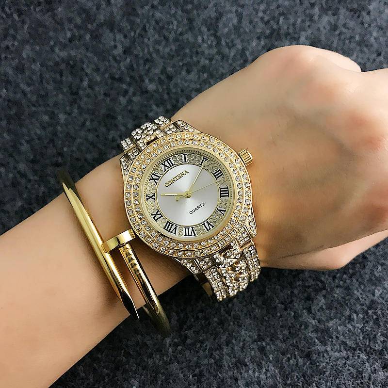 2017 neue Vollkristall Contena Uhr Luxusuhr Mode Damen Frauen Strass Quarzuhren gold von Joom DACH
