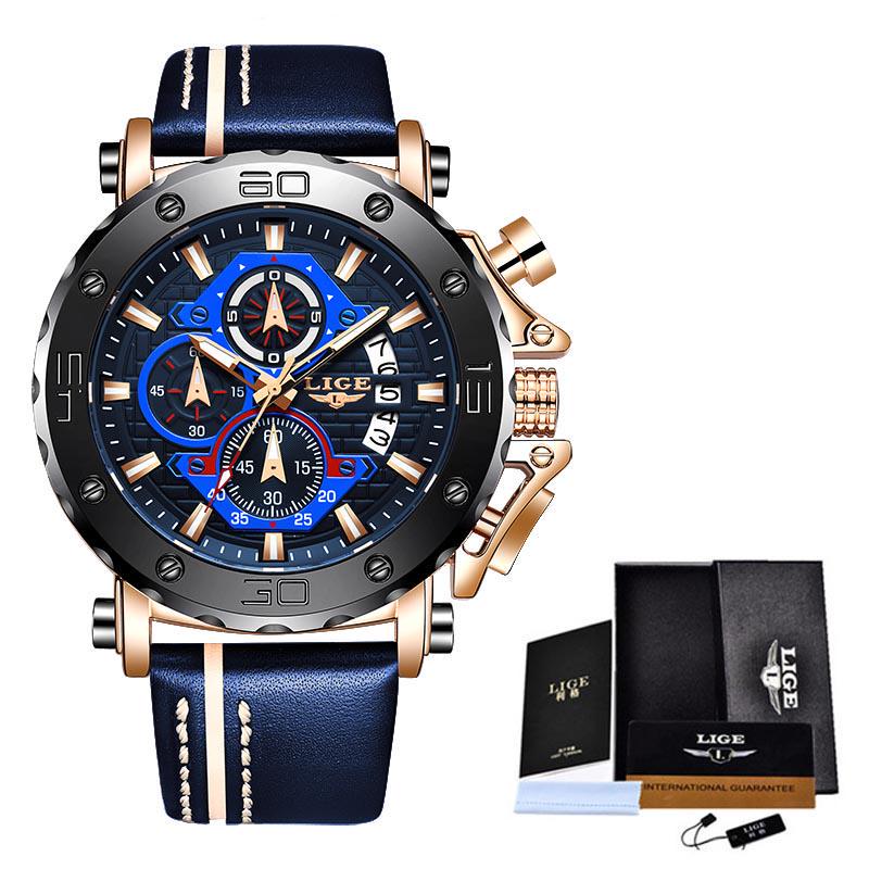 2020 LIGE Neue Herren Uhren Top-marke Luxus Große Zifferblatt Militär Quarzuhr Leder Wasserdichte Sport armbanduhr Männer Reloj hombre blau/gold von Joom DACH