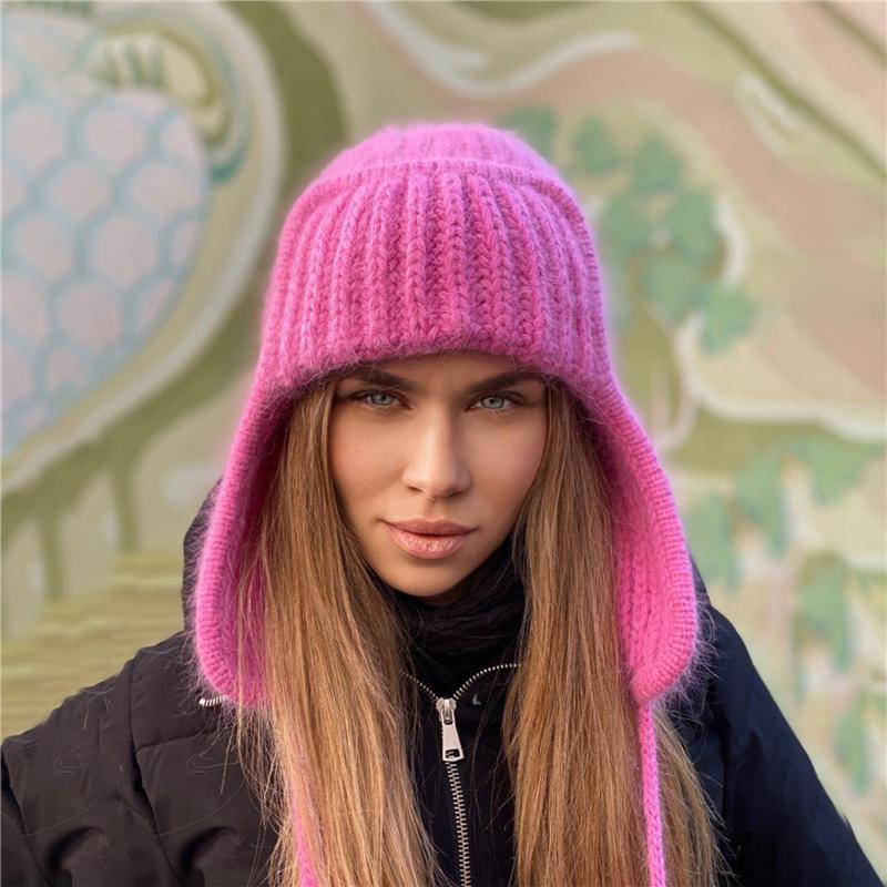 2020Bombermützen Herbst Winter Strickmützen Damen Freizeitstil Umschlag zum Binden Ohrenschutz Winddichte Warme Mütze Mode Wintermütze von Joom DACH