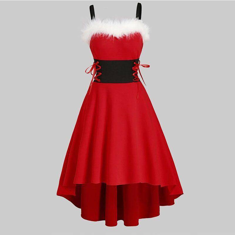 2021 Damen Ärmellose Kleidung Unregelmäßiger Saum Weihnachtskostüm Kleid Anzug Herbst Und Winter Retro Hohe Taille Einfarbiges Kleid S rot von Joom DACH