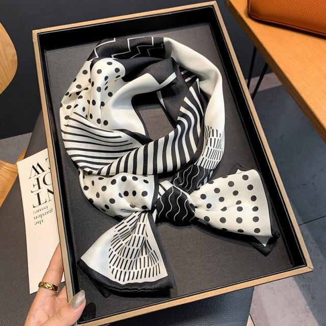 2021 Fashion Floral Print Silk Schal Frauen Dünnen Hals Lange Schals Büro Dame Schal Bandanas Weiblichen Beutel Haar Schals Taschentuch 150x17cm von Joom DACH