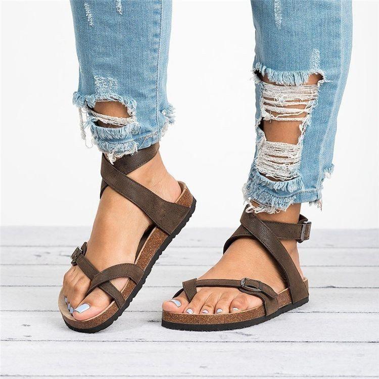 2021 Sommer Europäische und amerikanische Sandalen mit Korkboden und römischer Zehenschnalle für Damen 44 braun von Joom DACH