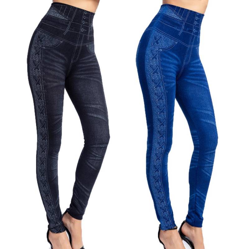 2021 frauen Mode Nahtlose Imitation Denim Print Leggings Spitze Jeans Leggings Stretch Enge Hosen Jeggings XXL schwarz von Joom DACH