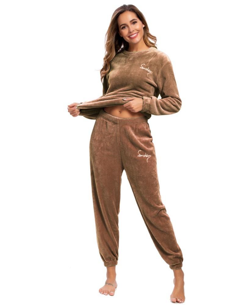 2021 neue Modische Damen Pyjamas Winter Warme Pyjamas Plus Fleece Top Hosen Rundhals Weichen Schlafanzug Anzug one size khaki von Joom DACH