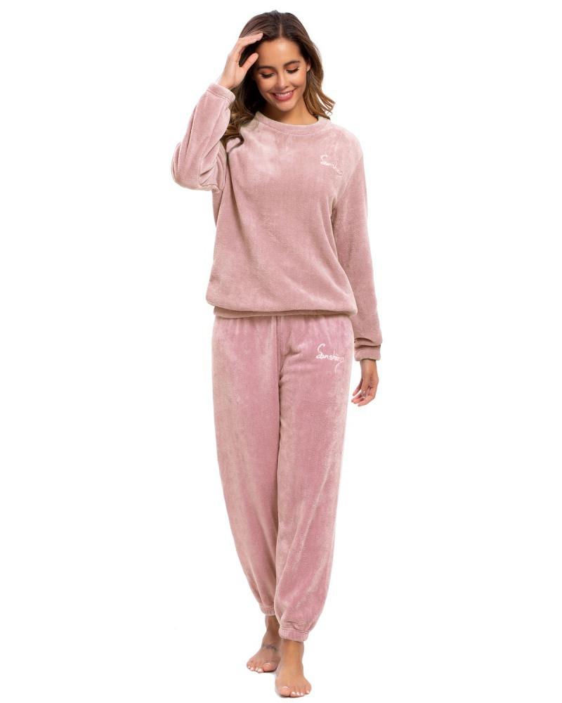 2021 neue Modische Damen Pyjamas Winter Warme Pyjamas Plus Fleece Top Hosen Rundhals Weichen Schlafanzug Anzug one size rosa von Joom DACH