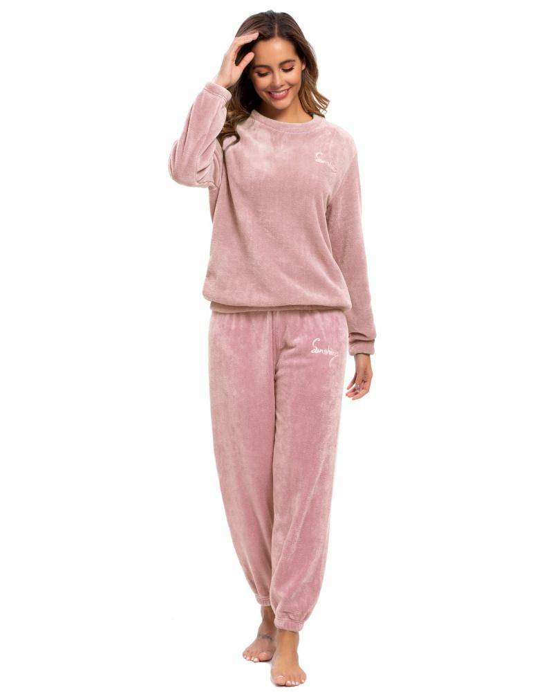 2021 neue Modische Damen Pyjamas Winter Warme Pyjamas Plus Fleece Top Hosen Rundhals Weichen Schlafanzug Anzug one size rosa von Joom DACH