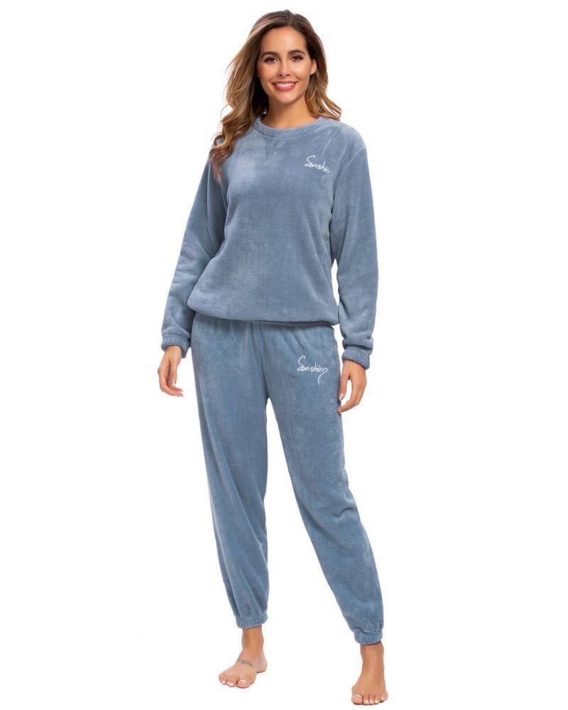 2021 neue Modische Damen Pyjamas Winter Warme Pyjamas Plus Fleece Top Hosen Rundhals Weichen Schlafanzug Anzug one size blau von Joom DACH