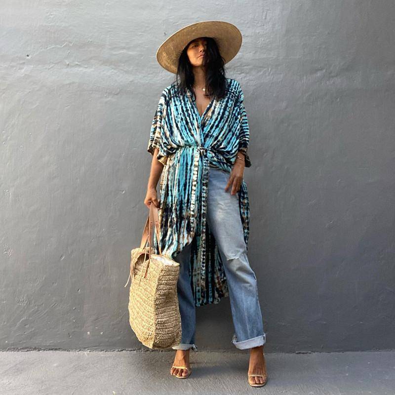 2022 Bikini Cover-ups Schwarz Retro Gestreift Selbst Gürtel Plus Größe Frauen Sommer Kimono Kleid Strand Tragen Badeanzug Cover Up q1225 One Size blau/schwarz von Joom DACH