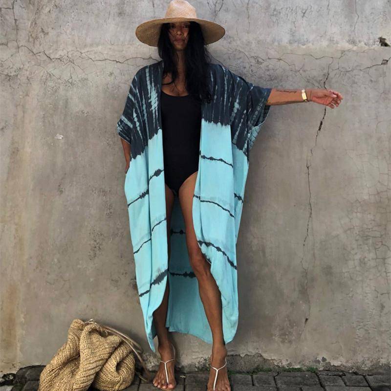 2022 Bikini Cover-ups Schwarz Retro Gestreift Selbst Gürtel Plus Größe Frauen Sommer Kimono Kleid Strand Tragen Badeanzug Cover Up q1225 One Size grau/blau von Joom DACH