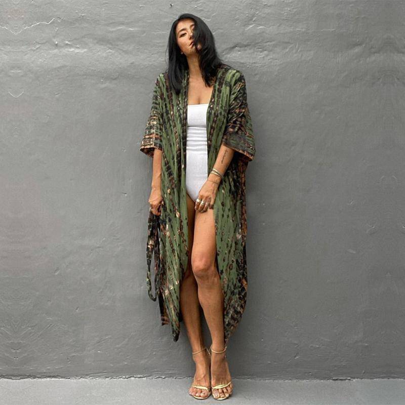 2022 Bikini Cover-ups Schwarz Retro Gestreift Selbst Gürtel Plus Größe Frauen Sommer Kimono Kleid Strand Tragen Badeanzug Cover Up q1225 One Size grün von Joom DACH