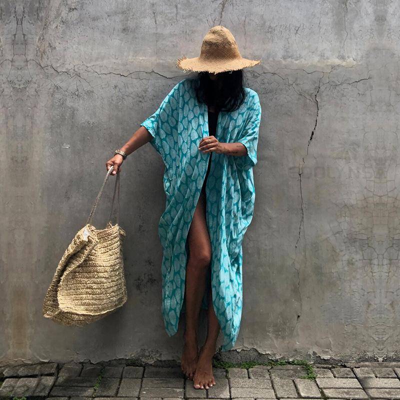 2022 Bikini Cover-ups Schwarz Retro Gestreift Selbst Gürtel Plus Größe Frauen Sommer Kimono Kleid Strand Tragen Badeanzug Cover Up q1225 One Size himmelblaue von Joom DACH
