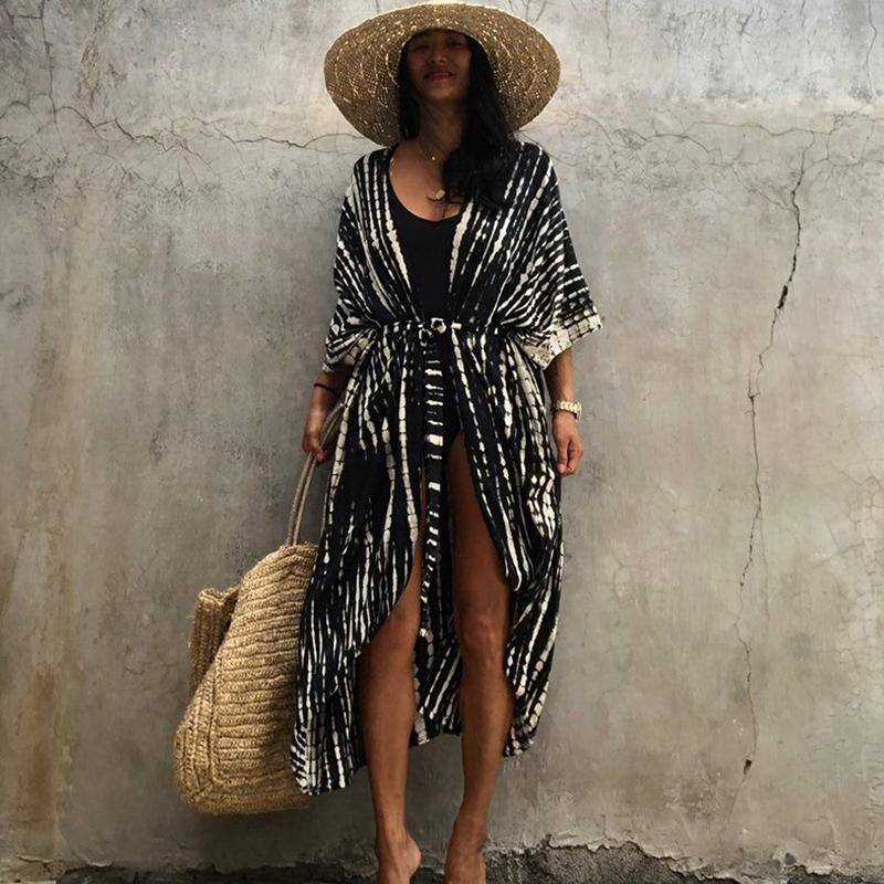 2022 Bikini Cover-ups Schwarz Retro Gestreift Selbst Gürtel Plus Größe Frauen Sommer Kimono Kleid Strand Tragen Badeanzug Cover Up q1225 One Size schwarz von Joom DACH
