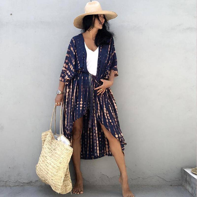 2022 Bikini Cover-ups Schwarz Retro Gestreift Selbst Gürtel Plus Größe Frauen Sommer Kimono Kleid Strand Tragen Badeanzug Cover Up q1225 One Size violett von Joom DACH