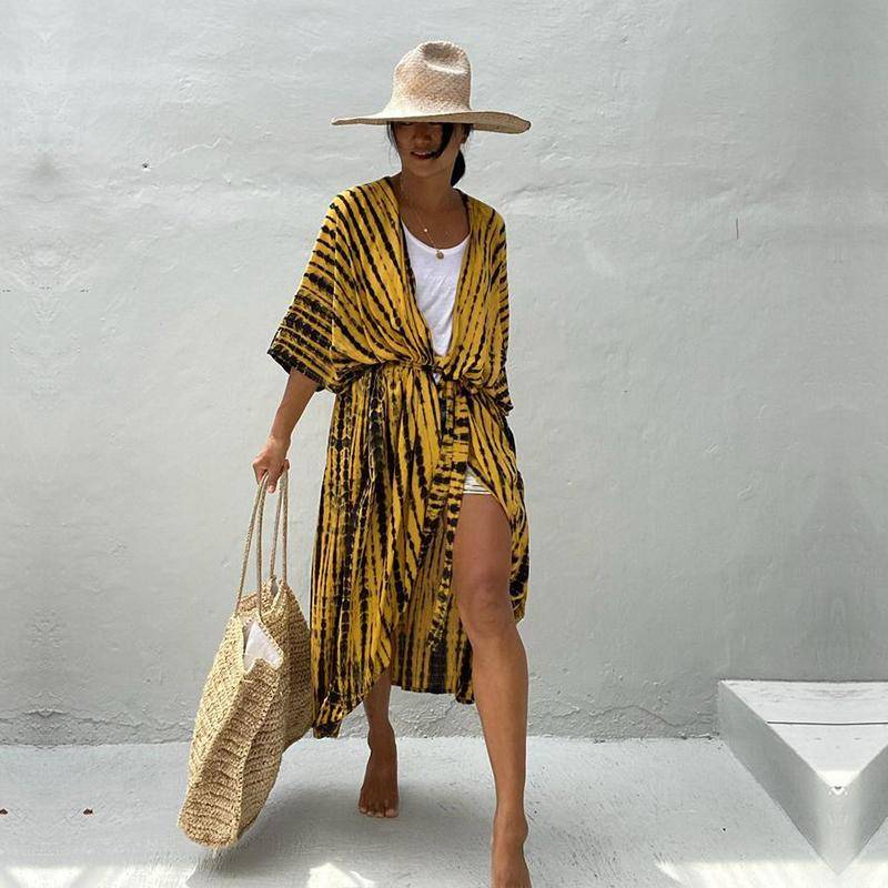2022 Bikini Cover-ups Schwarz Retro Gestreift Selbst Gürtel Plus Größe Frauen Sommer Kimono Kleid Strand Tragen Badeanzug Cover Up q1225 One Size von Joom DACH