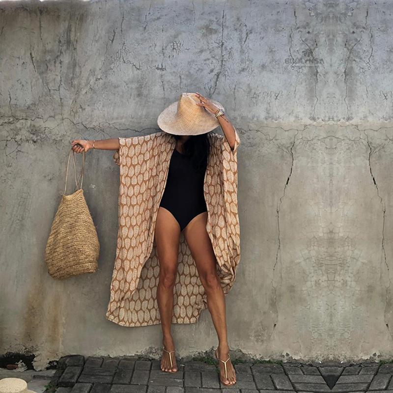 2022 Bikini Cover-ups Schwarz Retro Gestreift Selbst Gürtel Plus Größe Frauen Sommer Kimono Kleid Strand Tragen Badeanzug Cover Up q1225 One Size von Joom DACH