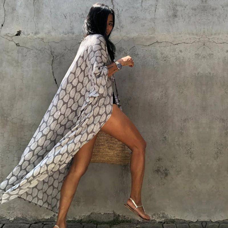 2022 Bikini Cover-ups Schwarz Retro Gestreift Selbst Gürtel Plus Größe Frauen Sommer Kimono Kleid Strand Tragen Badeanzug Cover Up q1225 One Size licht grau von Joom DACH