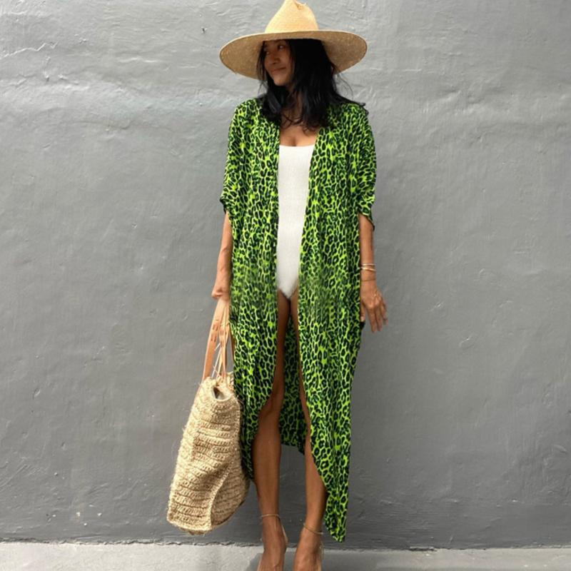 2022 Bikini Cover-ups Schwarz Retro Gestreift Selbst Gürtel Plus Größe Frauen Sommer Kimono Kleid Strand Tragen Badeanzug Cover Up q1225 One Size grün/schwarz von Joom DACH