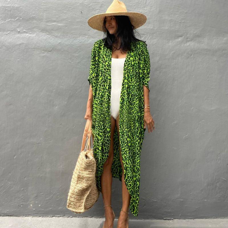 2022 Bikini Cover-ups Schwarz Retro Gestreift Selbst Gürtel Plus Größe Frauen Sommer Kimono Kleid Strand Tragen Badeanzug Cover Up q1225 One Size grün/schwarz von Joom DACH